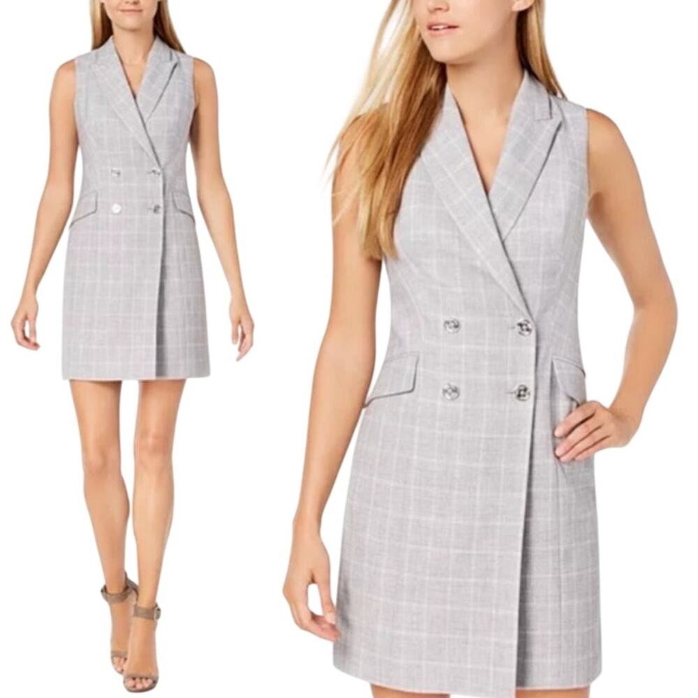 Calvin Klein Sleeveless Blazer Dress Gray White Plaid 12